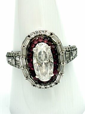 Vintage-Inspired Halo Cocktail Ring with Red Ruby Accents & White Center Stone